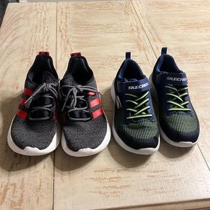 2 pair of gently worn boys shoes. One pair of Addidas and Sketchers. Boys size 4